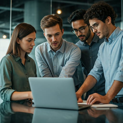 AI-generated stock image of four people standing around a laptop in an office