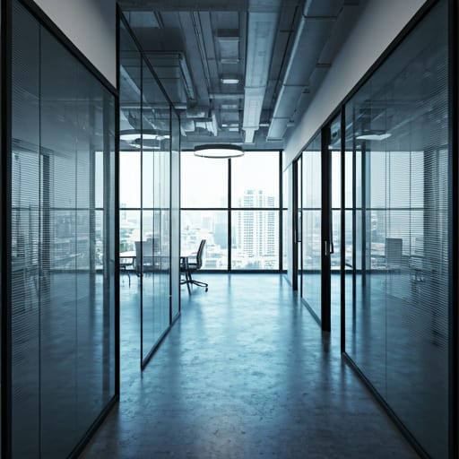 AI-generated stock image of an empty office interior with glass partition walls and a city view