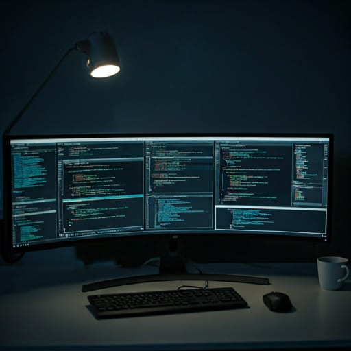 AI-generated stock image of an ultrawide monitor showing code editor windows on a desk